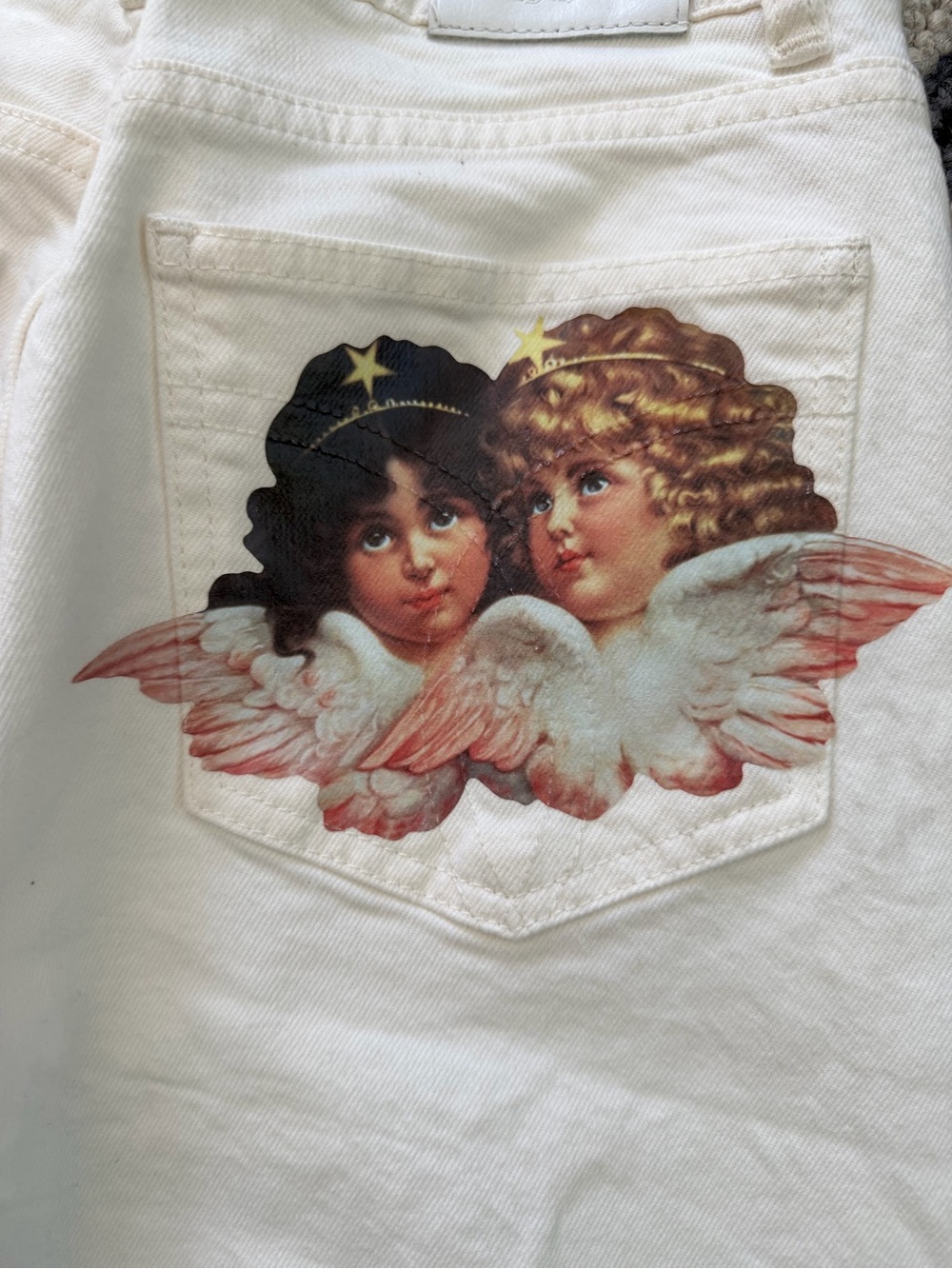 Fiorucci Off White Jeans with Angel Pocket Graphic